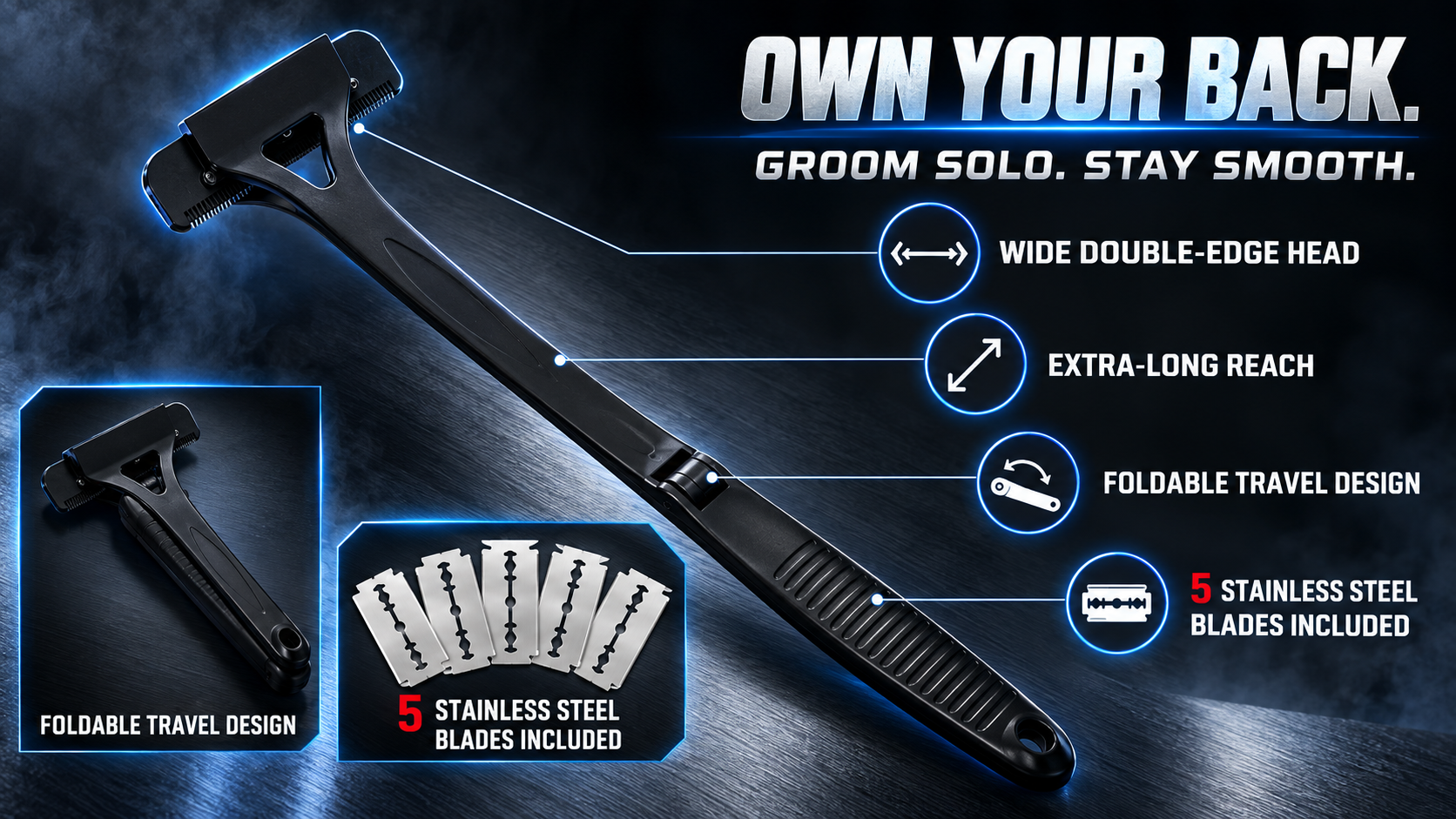 Men's back shaver: wide double-edge head, extra-long reach, foldable travel design, 5 stainless steel blades included.