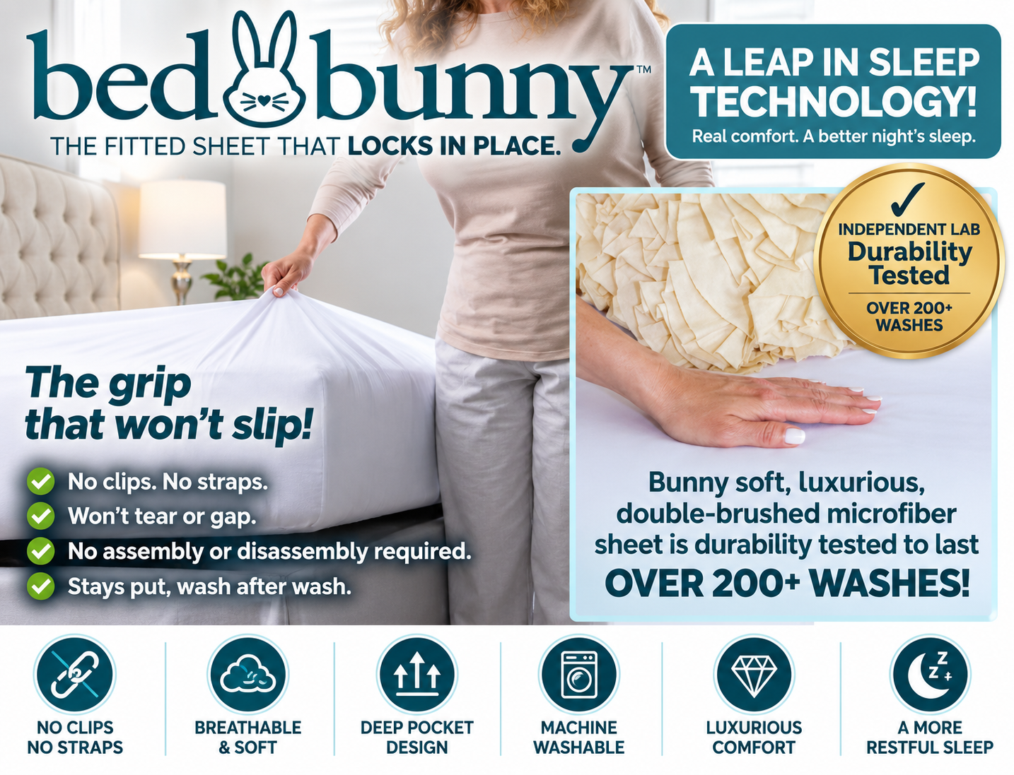 Bed Bunny — the fitted sheet that locks in place. No clips, no straps, deep pocket design, machine washable, durability tested over 200+ washes.